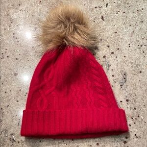 Halogen Red Knit Hat with Faux Fur Pom-Pom